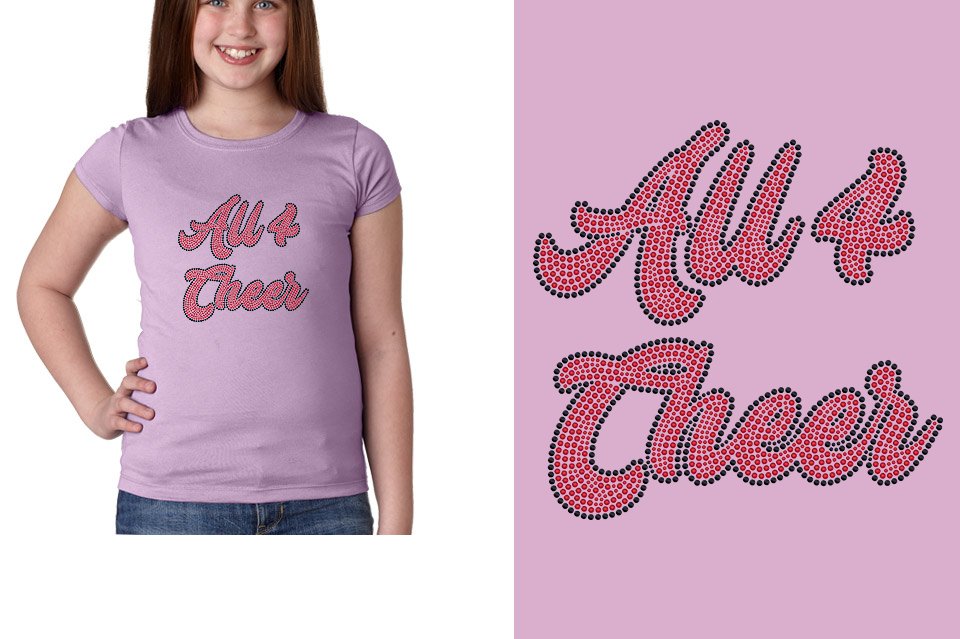All 4 Cheer script text black red stones Youth Girls' Princess T-Shirt