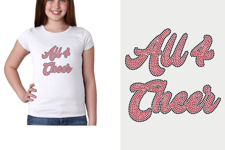 All 4 Cheer script text black red stones Youth Girls' Princess T-Shirt