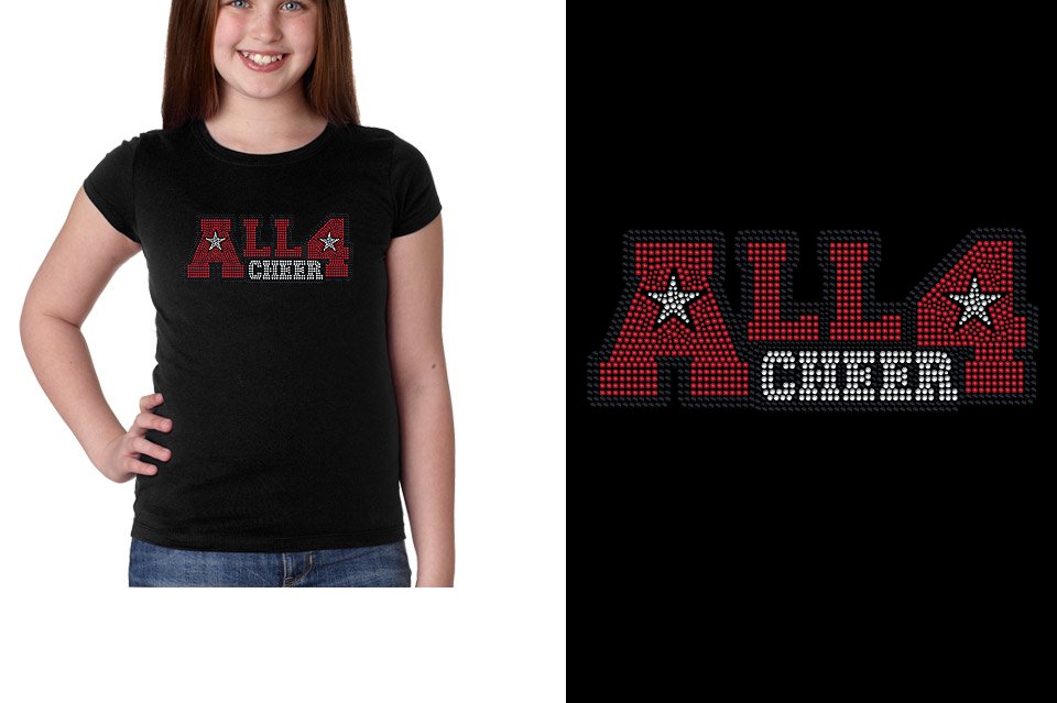 Rhinestones ALL 4 CHEER block text 3-color stones Youth Girls' Princess T-Shirt