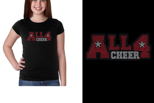 Rhinestones ALL 4 CHEER block text 3-color stones Youth Girls' Princess T-Shirt