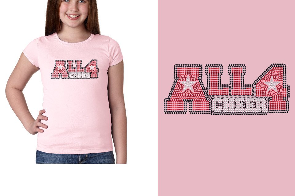 Rhinestones ALL 4 CHEER block text 3-color stones Youth Girls' Princess T-Shirt
