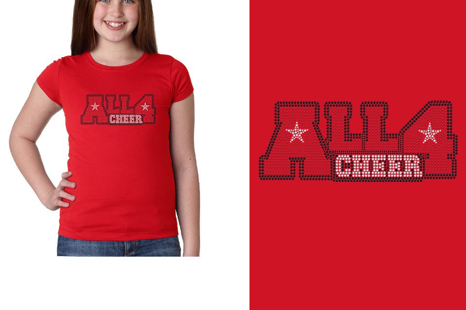 Rhinestones ALL 4 CHEER block text 3-color stones Youth Girls' Princess T-Shirt