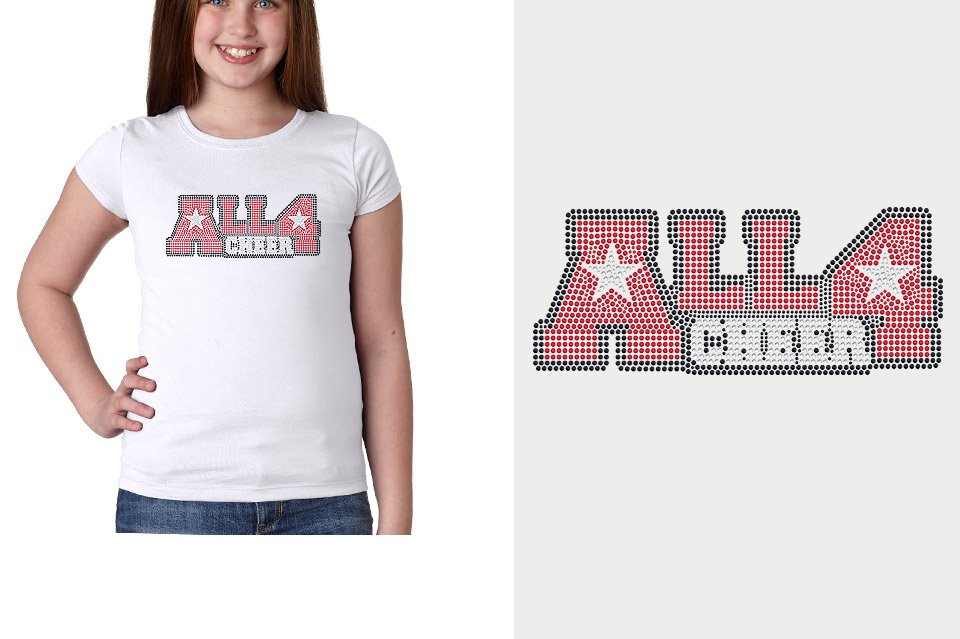 Rhinestones ALL 4 CHEER block text 3-color stones Youth Girls' Princess T-Shirt