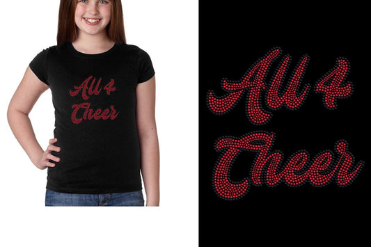 All 4 Cheer script text black red stones Youth Girls' Princess T-Shirt