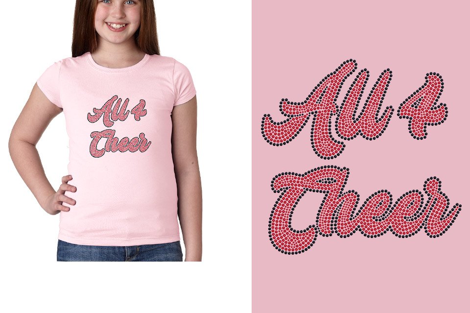 All 4 Cheer script text black red stones Youth Girls' Princess T-Shirt